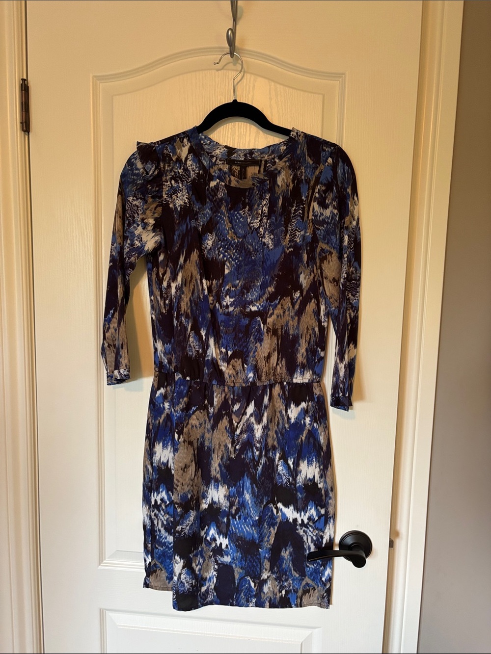 BCBGMaxAzria Blue and Black Abstract Print Long-Sleeve Dress
